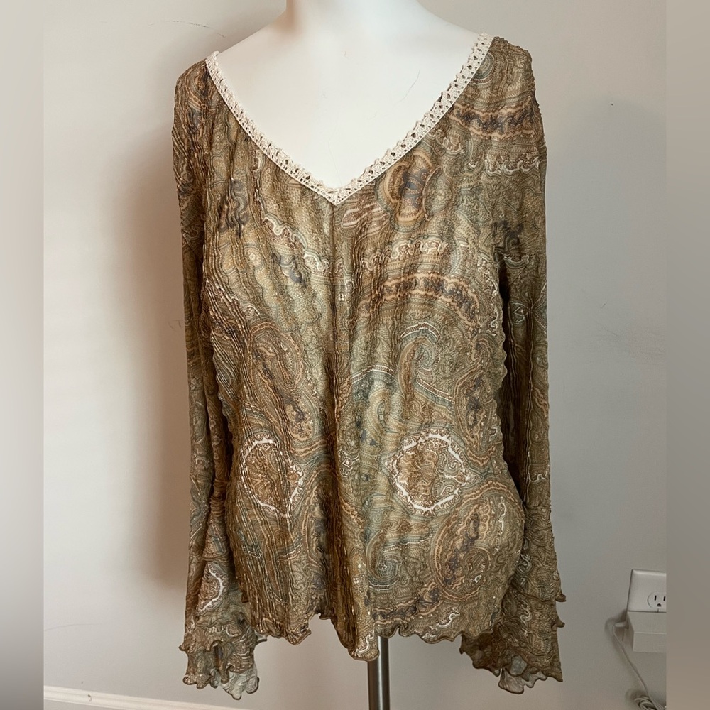Paisley V-Neck Long Sleeve Blouse in Olive/Neutral Tones